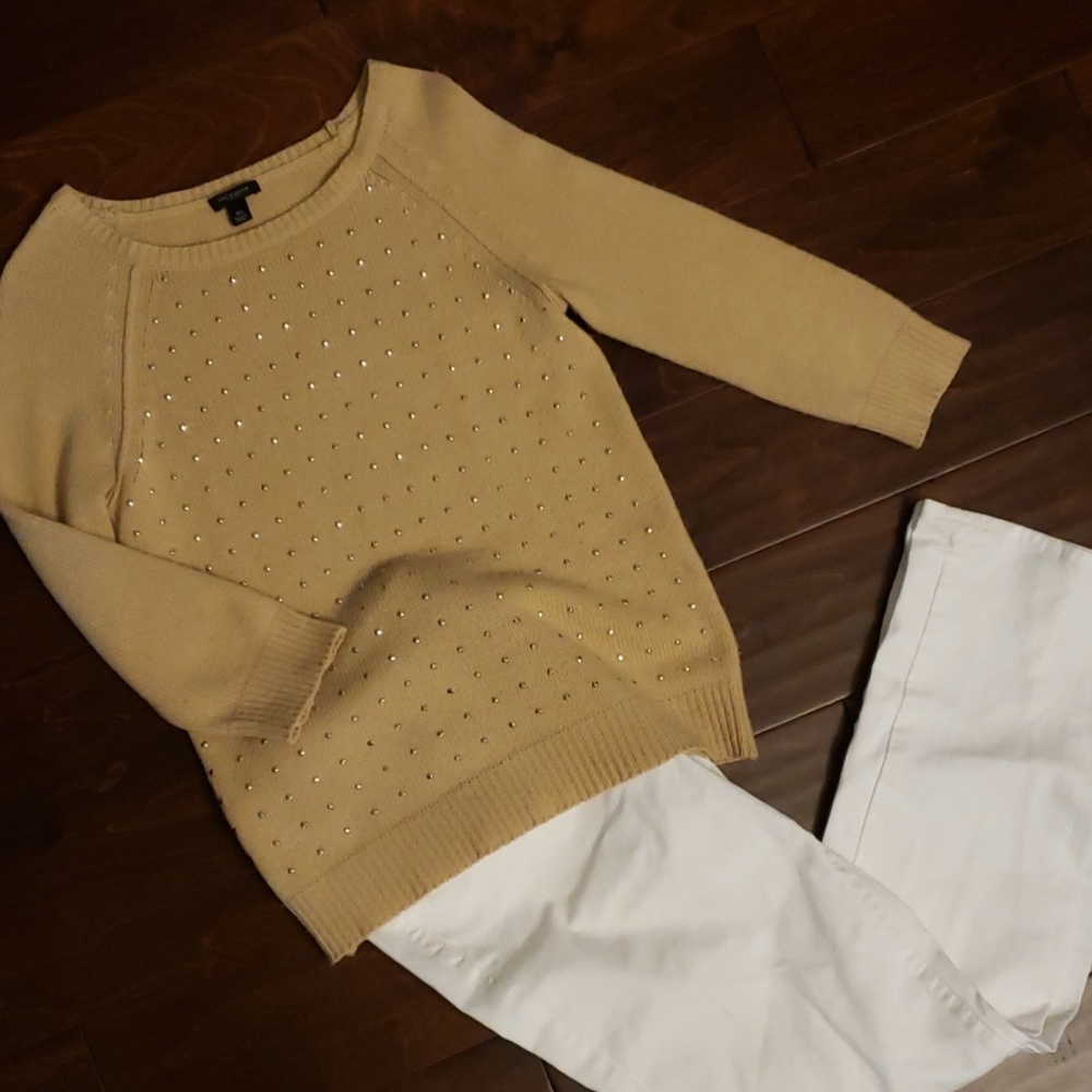 Ann Taylor Soft and Luxurious Gold Embellished Studded Sweater in Beige